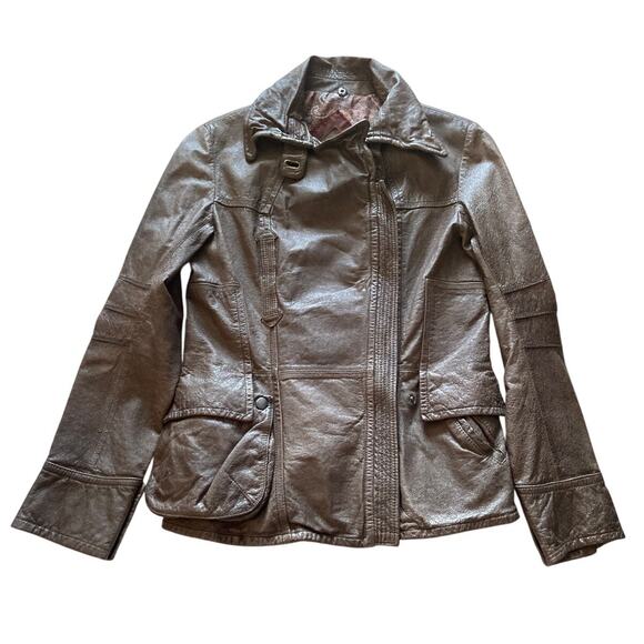 Jakett New York Leather Biker Moto Jacket Asymmetrical Zip Cargo Pocket Brown - Picture 2 of 13